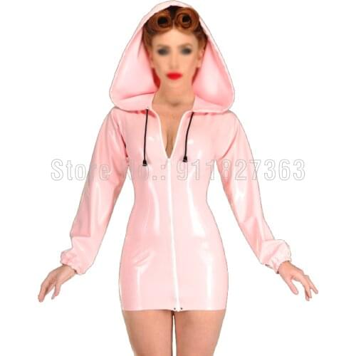 100% Handmade Latex Dress Rubber Gummi Long Sleeve Short Sexy Hooded Dress Sport Jacket Customized