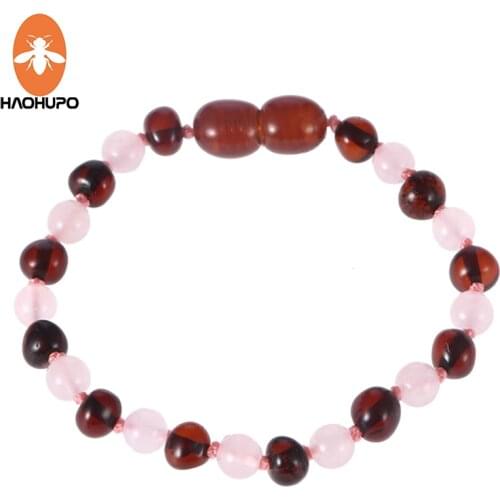 HAOHUPO Customizable Amber Bracelets with Natural Rose Quartz Original Jewelry for Adult Baby Anklets Fancy Baltic Amber Gift