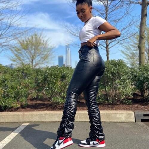 Woman Faux Leather Stacked Trousers Solid Color High Waist Slim Bell-bottomed Pants Black Pleated PU Pencil Pants for Lady