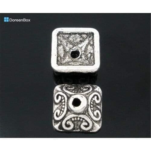 Doreen Box Lovely 50 PCs Silver Color Square Beads Caps Findings Fit 9-14mm Beads (B04910)