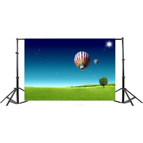 Photography Backdrop Hot Air Balloons In Beautiful Blue Sky Above Grass Field