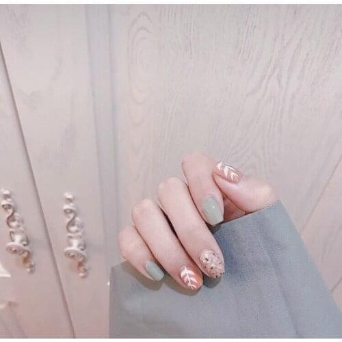 Hot! Beautiful light gray green and warm cream orange pure color with shell and leaf pattern fake nails bride gel full nail tips
