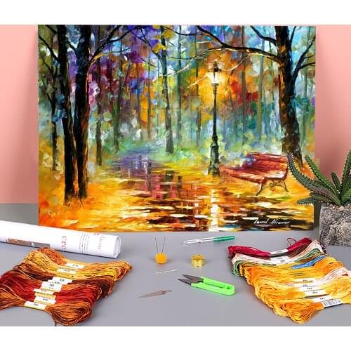 Oil Painting Style Red Bench Printed Canvas 11CT Cross Stitch DIY Embroidery Set DMC Threads Handiwork Handicraft Magic