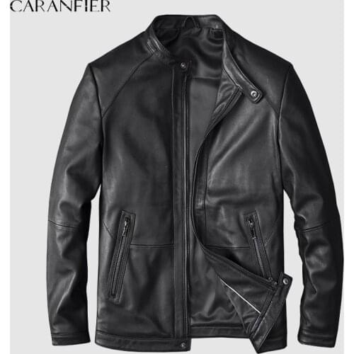 CARANFIER Mens Premium Sheepskin Leather Bomber Jacket Male Moto Biker Natural Sheep Skin Coat Winter Streetwear Chaqueta Hombre