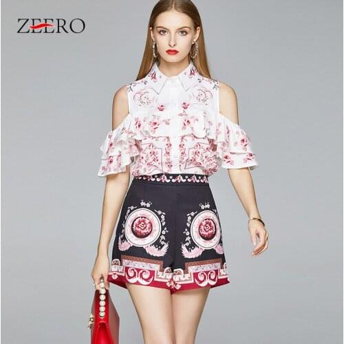 Summer 2 Piece Set Women Sexy Floral Print Off Shoulder Ruffles Shirt Blouse + Shorts Set Ladies Vintage Plus Size Matching Sets