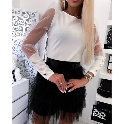 New Women Slim Sheer Long Sleeve Bottoming Shirts Buttons Cuff Mesh Sleeve Solid Tops Fashion Female Puff Shoulder O-Neck Shirts