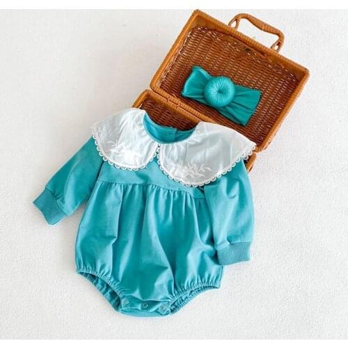 Toddler Baby Clothes Newborn Baby Girl Outfit Jumpsuit Sweet Lace Romper Long Sleeves Lapel Solid Clothing