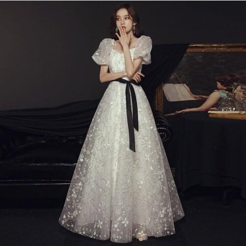 Sexy Square Collar Bow Belt Embroidery Puff Sleeve French Evening Dress Back Zipper Formal Gowns Robe De Soiree Cheongsam 3XL