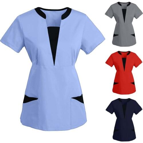 Plus Size S-3XL Nurse Scrubs Tops Women Short Sleeve Deep V Work Uniform Health Care Patchwork Solid Color Nursing Workwear A50