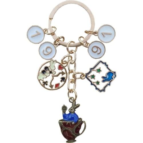 Handmade Enamel KC Gold Plated Alice in Wonderland Rabbit Bunny Clock Style Birth Year Keychain Key Ring Jewelry Gift