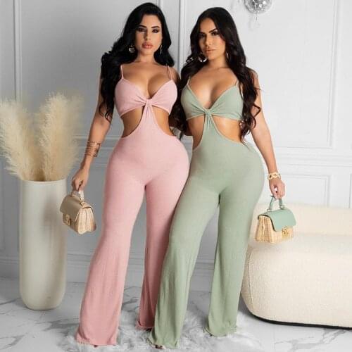 Spaghetti Straps Women Rompers 2021 Summer Solid Jumpsuit Sexy Backless Hollow Out One Piece Outfits Casual Streetwear Clothing