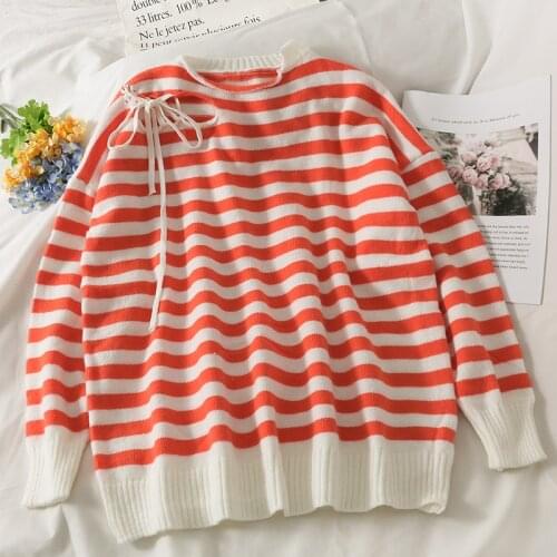 Vintage Elegant Striped Sweater Women Autumn New O Neck Bow Long Sleeve Pullovers Japanese Preppy Style Sweet Sueter Mujer
