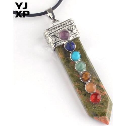 YJXP Classic Silver Plated Sword Shape Unakite Stone with Round Beads Chakra Pendant Vintage Jewelry
