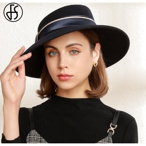 FS Wide Brim Dome 100% Australian Wool Felt Fedora Hats For Women Winter Church Cloche Derby Hat Fedoras Bowler Cap With Ribbon