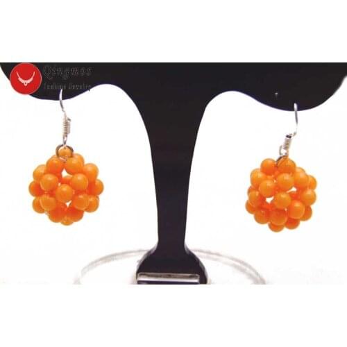 Qingmos Natural Coral Earring for Women with 4-5mm Orange Coral Handwork Weaving Round Dangle Ball Earring Fashion Jewelry Ea479