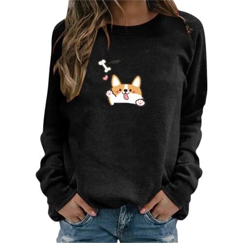 Women Sweatshirt Kawaii Corgi Cartoon Print O-neck Long Sleeve Pullovers Female Girls Casual Japan Style Autumn Female Clothes