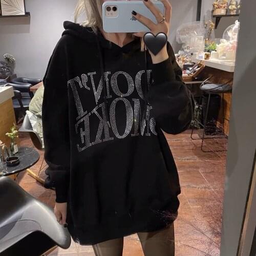 New Rhinestone Letter Print Women Long Sleeve Sweatshirt Hoodis Zipper Loose Oversized Streetwear Casual 2021 Autumn Spring