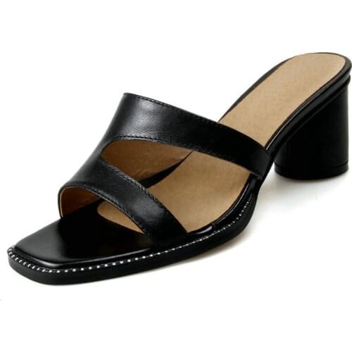 Black apricot white genuine leather high heels women slippers 2019 new summer shoes woman elegant ladies casual sandals shoes