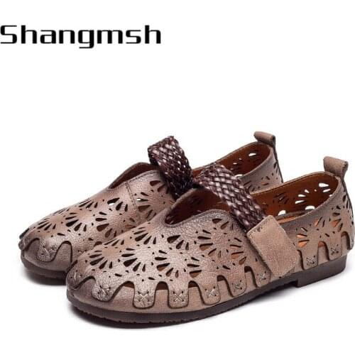 Genuine Leather Summer Shoes Woman Flats Hollow Breathable Hook Loop Casual Flats 2521