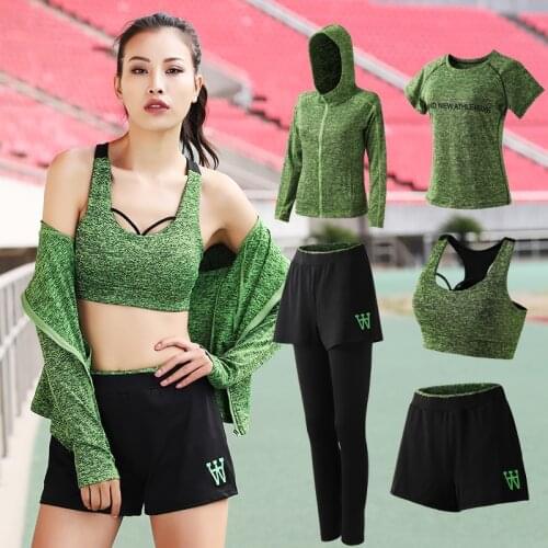 Women sportswear sets 5PCS coats+t shirt+bra+shorts+pants quick dry fitness gym yoga clothing womens outdoor sports running set