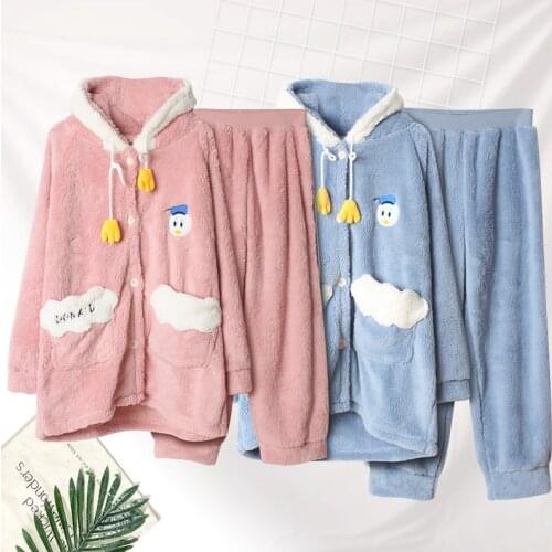 Winter new thick and warm cartoon cute duck couple home service suit hooded coral fleece men and women pajamas