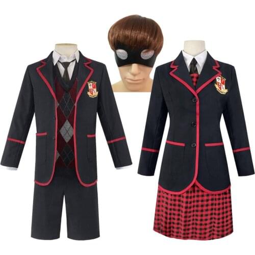 The Umbrella Academy Cosplay Costumes School Uniform Sweater Dresses Eyeshade Full Sets for Men Women Halloween Carnival Party