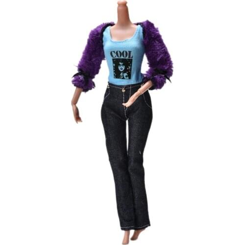 Hot 3 Pcs/Set 11" Dolls Fashion Clothes Suit Black Pants Fur Purple Coat Suit For Dolls Accessories Selling