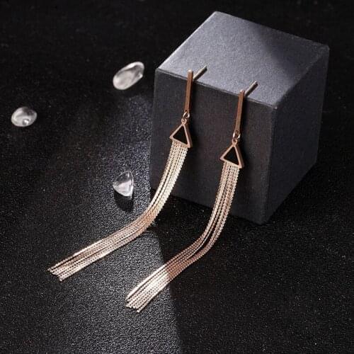 JIETHLING No Fade Rose Gold Color Stainless O-chain Tassel Earrings For Women Black Triangle Long Dangle Bohemia Jewelry