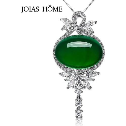 JoiasHome 925 Sterling Silver Pendant Natural Emerald Water Drop Oval Court Necklace Pendant Women Silver Jewelry Gift