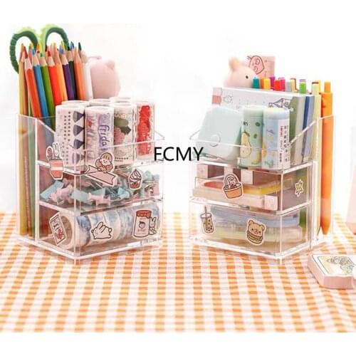 Kawaii Acrylic Multifunctional Transparent Pen Holder Ns Office Desktop Large Capacity Stationery Storage Box Desktop Organizer