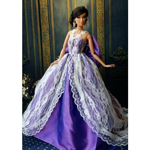 Purple Bowknot Lace Wedding Dress For Barbie Doll Princess 1:6 Evening Party Wear Long Dress Doll Clothes for Barbie Dollhouse