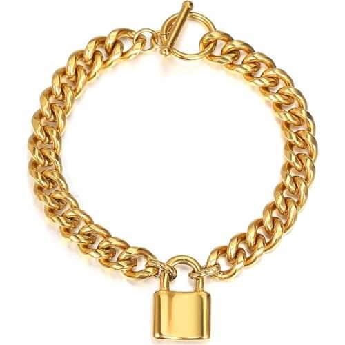 Fashion Gold Tone Stainless Steel Padlock Bracelet Curb Cuban Link Chain Lock Bangles for Women Men Unisex Wrist Jewelry DB317