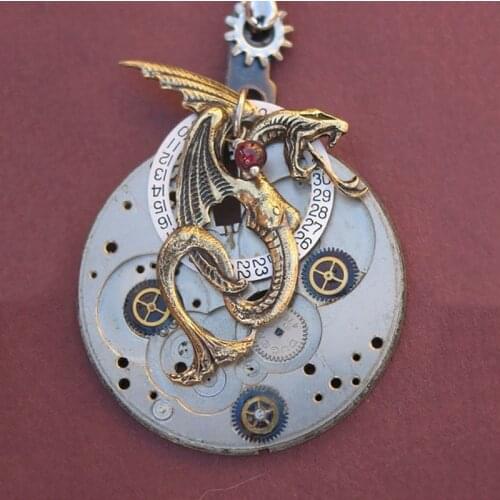 Punkboy Mens Unique Two-tone Magic Snake Wing Michanical Gear Round Wheel Clock Steampunk Metal Pendant Copper Necklace