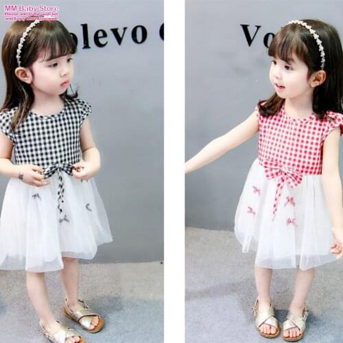 2021 New Kids Mesh Plaid Childrens Dresses Girls Bow Cute Dress Spring Autumn Children 1-6Years Little Girl Casual Dress