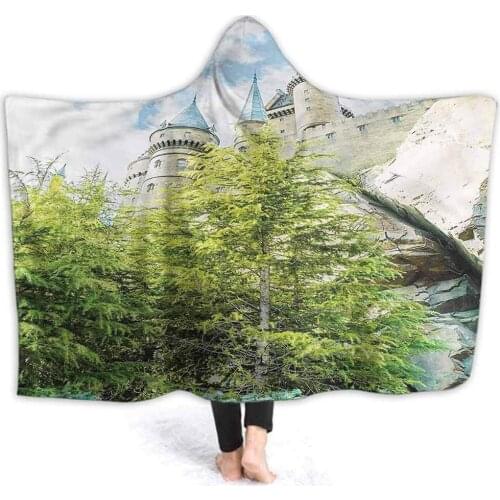 Hooded Blanket for Adult Wizard Throw Poncho Wrap with Soft Sherpa Fleece Witchcraft Castle Japan Hooded Blanket for Men Women