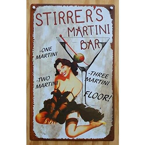 Agitadores MarTini Bar signo Tin Pin Up chica a casa signo de vidrio bebida morena estaño signo 8x12 pulgadas