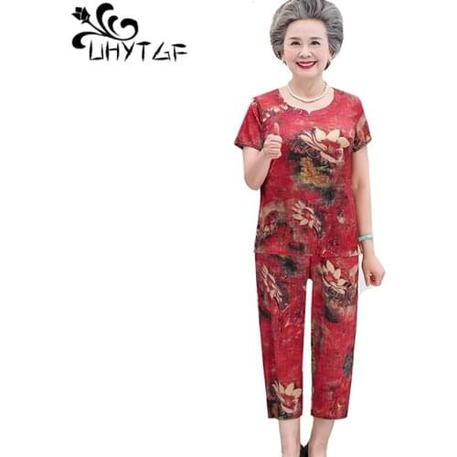 UHYTGF Middle-Aged Elderly 5XL Plus Size Pajamas Womens Print Imitation Silk Thin Home Clothes Female Summer Two-Piece Set 1426