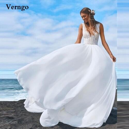 Verngo 2021 Beach Boho A Line Wedding Dress Lace And Chiffon Elegant Bride Gowns V Neck V Back Bridal Dresses Plus Size Vestidos