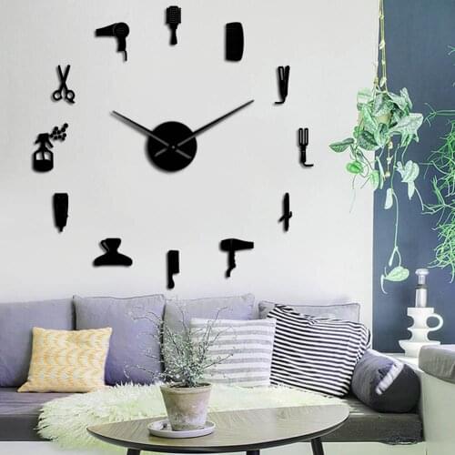 Hair Cut Hairdresser Tool DIY Wall Sticker Quartz Clock Barber Shop Room Background Decor