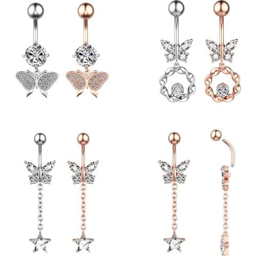 Navel Bar Button Piercing Ring Butterfly Dangle Jewelry 1PC Crystal Belly Navel Ring Bar Zircon Body Belly Fashion Body Jewelry