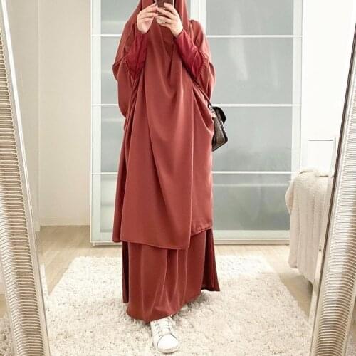 Ramadan Eid 2021 Women Prayer Garment Muslim Set 2 Piece Matching Outfit Hooded Khimar Hijab Long Skirt Abaya Dress Islam Saudi