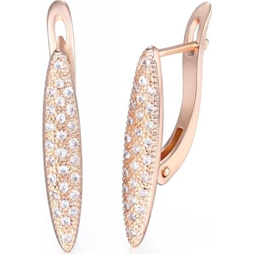 Paved CZ Leaf Stick Drop Earrings For Women 585 Rose Gold Filled Fashion Wedding Jewelry Girlfriend Valentine Gifts LGE138A