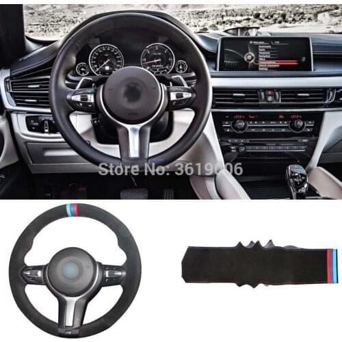 SmRKE DIY Steering Wheel Cover Black Suede Red Blue Thread Hand Sewing For BMW M6 F85 X5 F86 X6 M M2 M3 M4 M5 F33 428I E90 F30