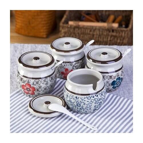 Underglaze Color Salt Pot, Japanese Kitchen Hand Painted Ceramic Condiment Seasoning Bottle
