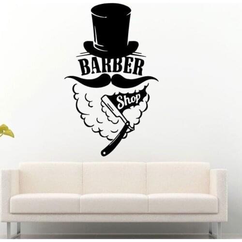 Barber Shop Logo Wall Sticker Window Haircut Vinyl Wall Decal Hat Man Moustache Straight Razor Pattern Decor DIY BA01