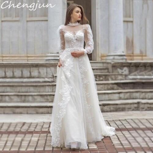 Chengjun High Collar Puff Sleeves Illusion Vintage A Line Ivory Wedding Gowns