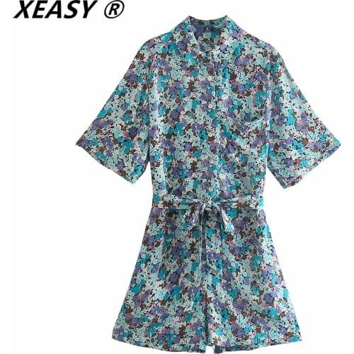 XEASY Women 2021 Chic Fashion With Belt Floral Print Playsuits Vintage Short Sleeve Pockets Female Jumpsuits Mujer