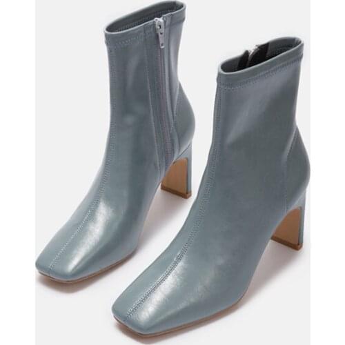 2021 Autumn Fashion High Heels Short Boots Women Genuine Leather Thick-heeled Female Korean Square Toe Ankle Booties Blue Shoes