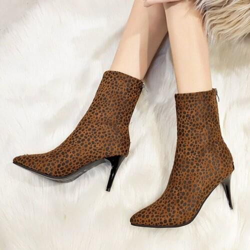 Sexy leopard print ankle boots women pointed toe thin high heels winter botas mujer yarn elastic winter boots sock botines 325