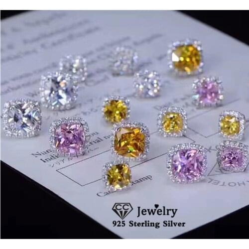 S925 Stud Earrings For Women sterling Silver Cubic Zirconia 7*7mm Square Earring Bridal Wedding Fine Jewelry Brincos CCE643